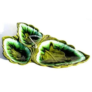 Vtg GREEN California Pottery Santa Anita Ware 3 Leaf Bowl Serving Dish W/ Handle